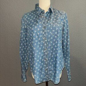 ANTHROPOLOGIE ANTHRO HOLDING HORSES Denim Chambray Ditzy Flower Shirt Top - 2